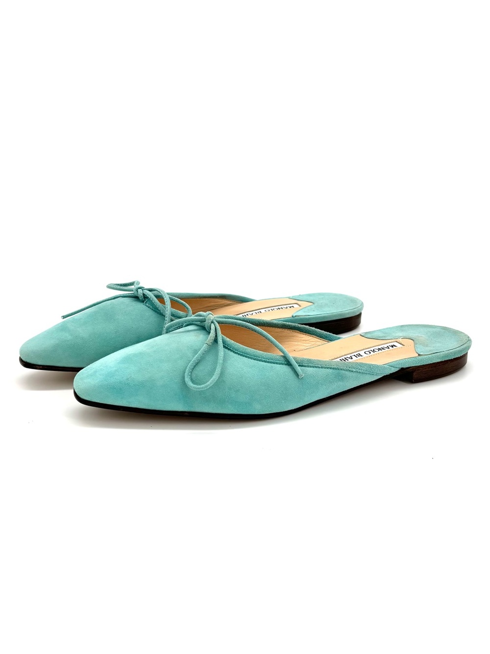 Vintage Manolo Blahnik Bow Suede Ballerimu Slip On Mules Flats 38.5